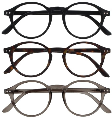OPULIZE REY Reading Glasses - 3-Pack - Retro Round Frame - Matt Black, Brown Tortoiseshell, Grey - Mens Womens - Spring Hinges - RRR56-127 - +2.50