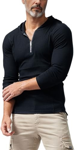 Muscle Alive Uomo Moda Felpe Quarter Zip Up Atletico Fitness Felpe con Cappuccio Pullover Manica Lunga Slim Fit Nero L