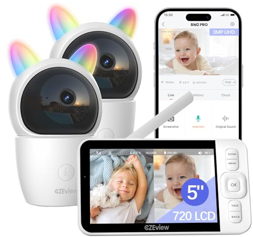 CZEview 2K/5,0 LCD Baby Monitor Video e Audio, Telecamera Bambini con Monitor, PTZ 360°, Controllo Tramite APP Mobile & Monitor, Rilevamento di Grida/Movimento (Bianco con 2 fotocamere)