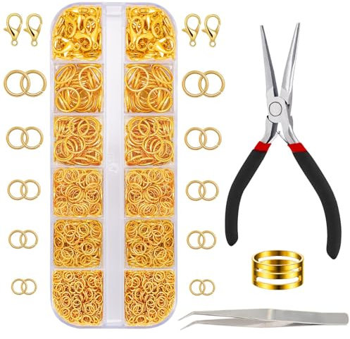 JOLCEEY Jump Rings Kit, Gold Open Jump Rings with Jewellery Pliers for Jewellery Making Bracelet Earring Necklace Repair (4mm 5mm 6mm 8mm 10mm)