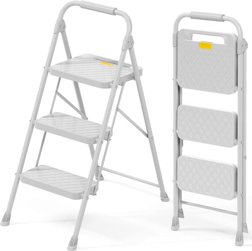 KINGRACK Escalera de 3 peldaños Plegable de Acero, Bloqueo de Seguridad, peldaños Anchos Antideslizantes, Capacidad 150 kg, Ligera y portátil con pasamanos para hogar, Cocina y Garaje