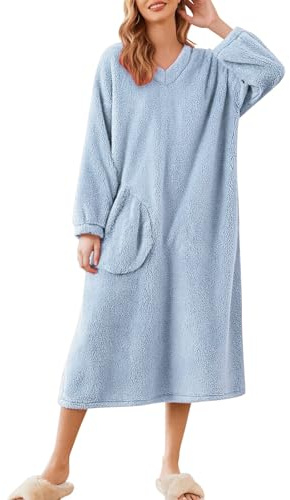Generisch Camicia da notte da donna, a maniche lunghe, con scollo a V, abito invernale lungo, in pile, morbido, casual, oversize, spessa, per la casa, O azzurro, XL