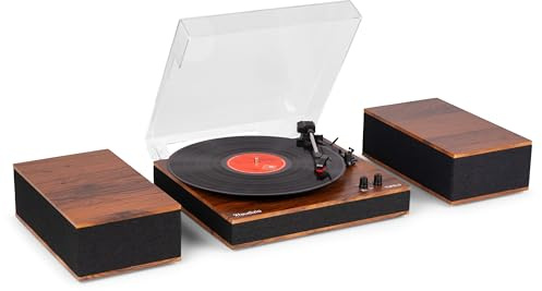 Audizio Tupelo Bluetooth Record Player with Dual Stereo Speakers, Wood Finish, Built-in Amplifier, 3-Speed Vinyl Turntable, Bluetooth Streaming, Dust Cover, 120W Home Audio