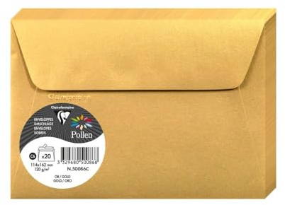 Clairefontaine 50086C - Packung mit 20 Umschläge Pollen selbstklebend, Format C6 11,4x16,2cm, 120g, ideal für Ihre Einladungen und Korrespondenz, Gold, 1 Pack