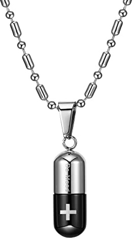 Flongo Fashion Pill Case Capsule Pendant Necklace Stainless Steel Mens Womens, 22 inch Chain, White