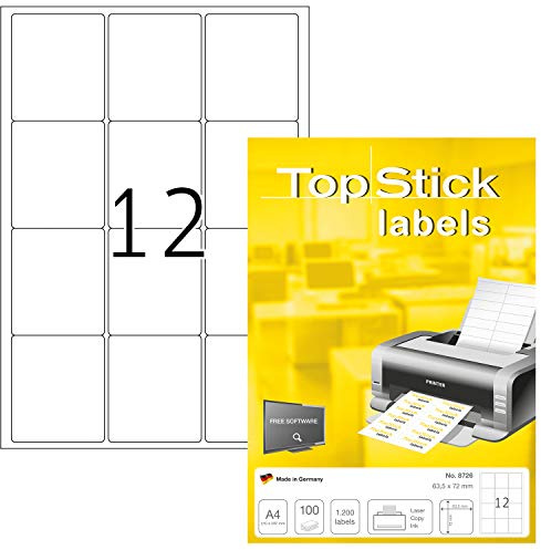 TopStick 8726 universella etiketter A4 (63,5 x 72 mm, 100 ark, papper, matt) självhäftande, utskrivbara, permanenta adressetiketter, 1 200 klistermärken, vit