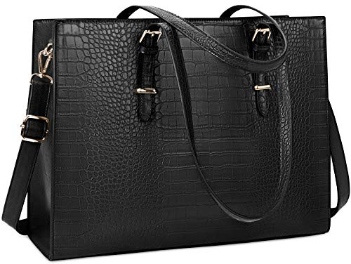 Laptop Bag for Women 15.6 Inch Crocodile Leather Tote Bag Water-resistant Work Briefcase Business Computer Shoulder Bag for Travel Teacher Nurse Professional Handbag,Black
