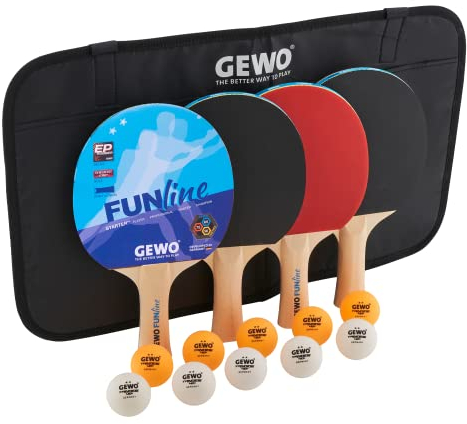 GEWO Fun TIME Tischtennisschläger Set – 4er Komplettset für Kinder & Erwachsene mit 10 Tischtennis Bällen & Tasche – Ping Pong Schläger für Hobby & Freizeit – Noppen-Innen-Belag, konkaver Griff