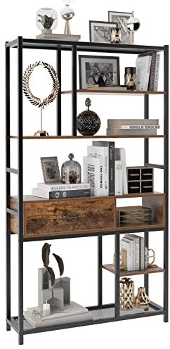 soges Bücherregal Regal Standregal mit 4 Ebenen und Schublade Hoch Regal aus Holz und Stahlgestell für Wohnzimmer Arbeitszimmer Kinderzimmer, 100 cm x 30 cm x 180 cm