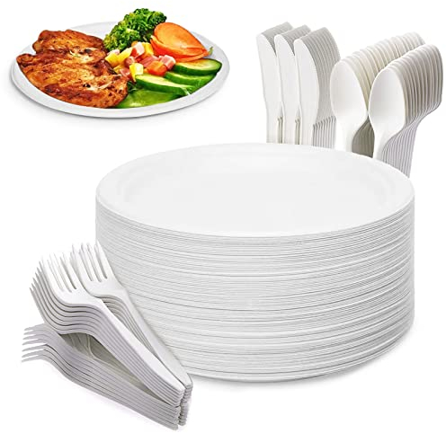 Yidaxing 200Pcs Assiettes Jetables en Canne à Sucre en Biodégradables, Vaisselle Écologique, Grande Assiette, Fourchettes, Couteaux et Cuillères pour La Fête, Le Camping et Les Pique-Niques (22.8cm)