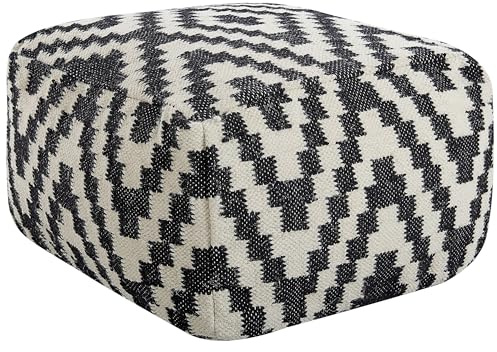 Beliani Pouf Tricoté en Laine Noir et Blanc Carré Garni de Billes de Polystyrène Knidos