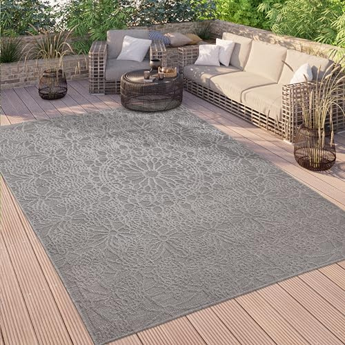 Paco Home Outdoor Teppich Wetterfest Balkon Küche Wohnzimmer Orientalisches Muster Vintage Optik Einfarbig 3D Modern, Grösse:120x160 cm, Farbe:Anthrazit 3