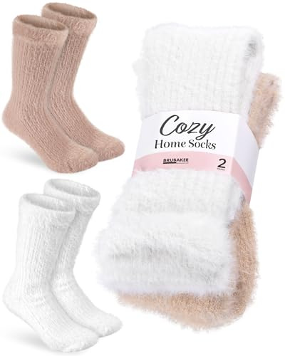 BRUBAKER 2 Pares de Calcetines de Cama Mullidos Beige Blanco - Calentitos Calcetines de Peluche para Mujer - Calcetines de Casa Suaves y Transpirables - Calcetines de Invierno de Felpa - Talla 39-42