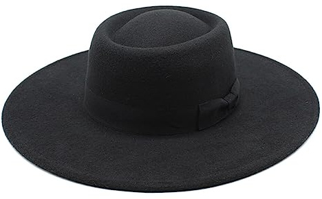 Black Classic Wide Brim Fedora Flat Top Hat with Bow Belt Jazz Hat Panama Hat Party Wedding Supplies Dress Up Accessories for Women Girl Autumn Winter Warm