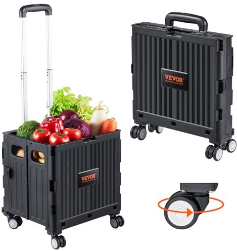 VEVOR Lastkapacitet på 100 lb, vikbar bärbar rullande låda, handvagn med kraftigt teleskophandtag och 4 roterande hjul för resor, shopping, flyttbart bagage, kontor, svart, vit, standard