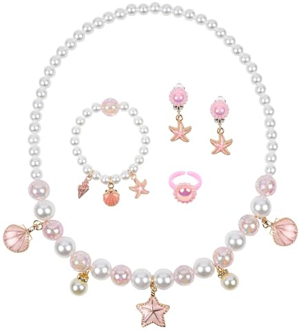 OSDUE Girls Shell Jewelry Set, Necklace Earring Bracelet Ring Set, Jewelry Favors Set for Little Girl, Princess Jewelry Party for Toddler Little Girl Play Party Favors, Birthday Gift