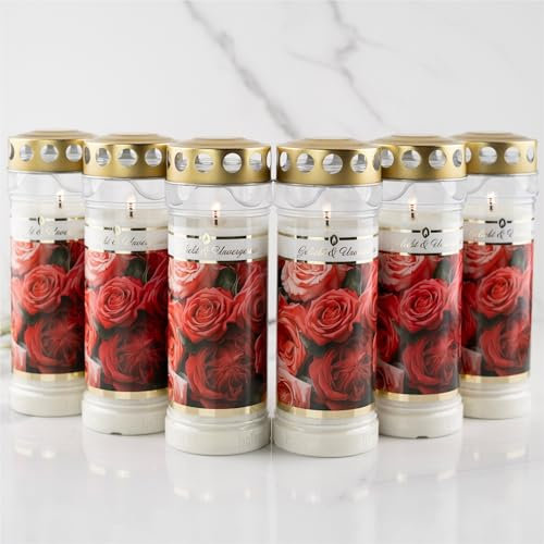 6er Set HOFER GRABKERZEN 7 Tage Brenndauer - Das Original [Geliebt und unvergessen] regenfest | Kerzen mit Deckel | Grablicht, Friedhofskerze mit Motiv und Spruch | Kerzen für Grabdeko