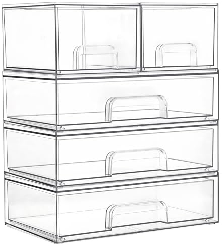 Vtopmart - Set di 5 cassetti portaoggetti impilabili in plastica trasparente, contenitori organizzatori per trucco, cosmetici, articoli per la bellezza, ideali per toeletta, bagno, armadio