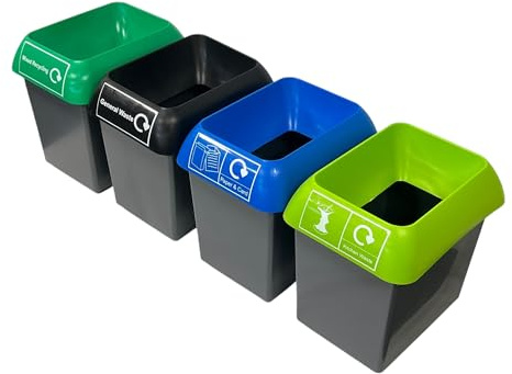 Chabrias 30 Litre Recycling Station For Simpler Recycling – UK Made 100% Recycled Plastic Colour Coded 4 waste streams for non-recyclable, Food waste, Paper, plastic, metal and glass