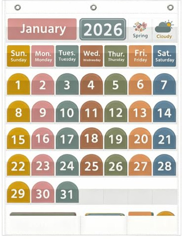 REGELETO Large White Calendar Pocket Chart with Boho 96 Cards for Classroom, Size:32.25 x 24.13 inch Monthly Calendar and Weather Pocket Chart for Students Learning for Home or School(White)
