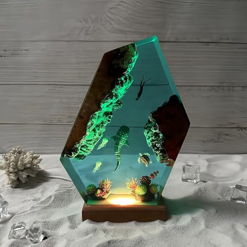 Drawelry 3D Epoxidharz Ozeanfigur Ornamente mit Holzsockel, LED Buntes Nachtlicht, Harz Ozean Tier Statue Hai Wale Pinguin Oktopus Figuren Skulptur Kunsthandwerk Mini Meere Aquarium Dekoration (B7, L)