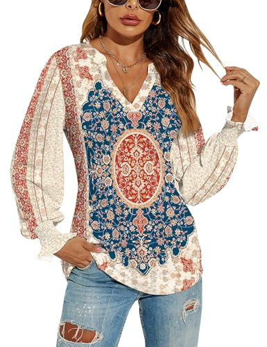 Romanstii Women V Neck Shirts Puff Sleeve Blouse Top Loose Clothes,Blue Ethnic Print,XL