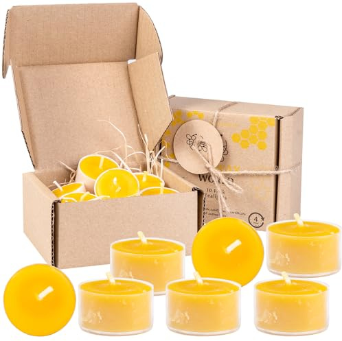 BeesWax World Lot de 10 à 50 bougies chauffe-plat en cire d'abeille avec mèches en coton - 4 heures de combustion - 10 à 50 pièces - Bougies en cire d'abeille avec plastique recyclé (10, Transparent)