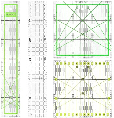 4 Piece Quilting Rulers Acrylic Quilt Ruler For Cutting Fabric, Quilt Square Template With Non Slip Rings Sewing Quilt Strip Rulers 5.91, 11.81 × 1.97 (Black/Green)