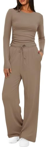 JFAN Tuta da Donna Moda 2 Pezzi Completo Sportivo Manica Lunga Set Girocollo Tinta Maglia e Pantaloni Autunnale Invernale Casual Casa Training Sportwear，Marrone caffè M