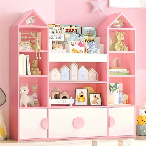 IRONCK Kids Toy Storage Unit Childrens Bookcase, 4 Doors & 10 Open Shelves | Toy Organiser Kids Bookshelf with Castle Top, Sliding Book Shelves for Nursery Playroom,123.5x33x127cm (Pink)