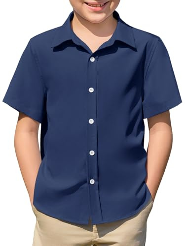 Haloumoning Camisa de verano de manga corta para niños, lisa, para ocio, informal, básica, con botones, fácil planchado, 5-14 años, azul oscuro, 13-14 años