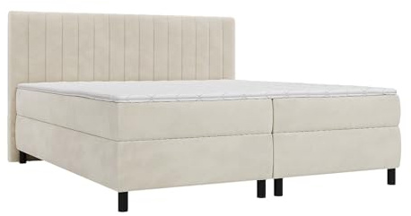 Vente-unique - Ensemble Complet boxspring tête de lit Coutures Verticales + sommier + Matelas + surmatelas - 2 x 80 x 200 cm - Velours - Beige - DONISI de Palacio