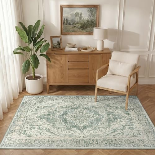 INOVADAY Vintage Washable Rugs Living Room 90x150 cm Non Slip Green | Low Pile, Print Pattern, Living Room Rug, Lounge Rug, Bedroom, Dining Room, Kitchen, Home Office, Non-Shedding, Soft, Faded