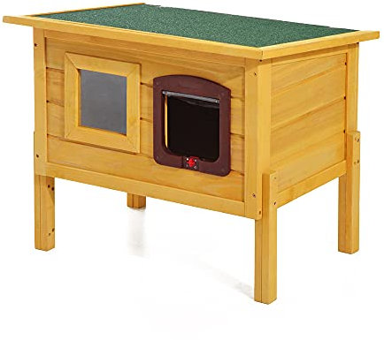 Pawhut Garden Wooden Cat House Outdoor Pet Play Home Waterproof Roof Kitty Shelter Kennel w/ith Door & Window