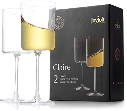 JoyJolt Claire 11.4oz White Wine Glass Set of 2, Elegant Crystal Stemware Stemmed Wine Glasses Made in Europe, Unique and Modern Glasses with Stem