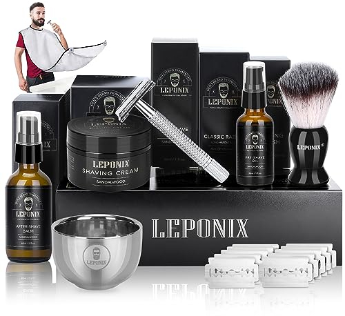 Nassrasierer Herren, Bartpflege Set für Männer inkl Safety Razor, Rasierpinsel,Rasiercreme Männer After Shave Balsam, Pre Shave, Rasierschale,Rasierschürze, Rasierhobel Geschenkset Herren