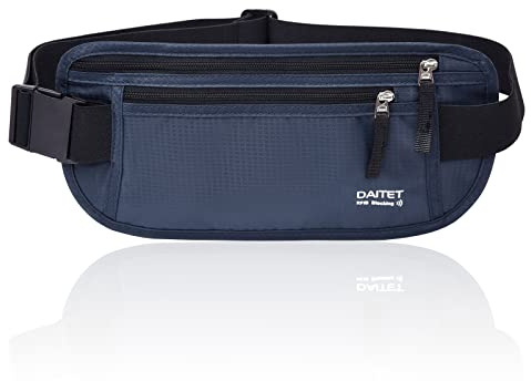 DAITET Ceinture porte-monnaie – Portefeuille de voyage caché sécurisé RFID sac banane Undercover, Noir, bleu foncé. Blocage RFID et largeur de 1.45inch
