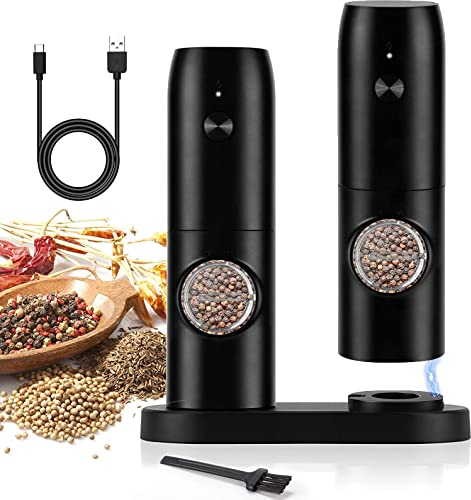 Ensemble de moulins à sel et poivre électriques avec base rechargeable, opération à une main avec grossière réglable, câble de type C, corps ABS (lot de 2, noir)