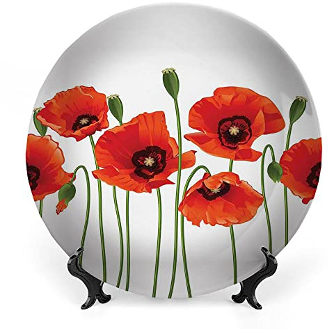 LIGUTARS Decorative Plates, Floral Print Ornament, Poppies of Spring Season Pastoral Flowers Botany, 10 Inch, Kitchen Wall Decor, Red and Green