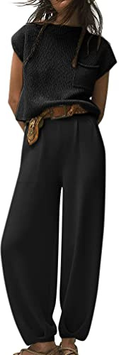 Minetom Femmes Jogging Survêtement Casual Manche Courte Tricoté Chandail Pullover Col Rond Pull Top et Pantalon Ensemble Sportwear 2 Pièces A Noir L
