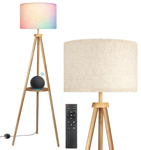 OUTON RGB Floor Lamp Dimmable Tripod Wood with Shelf, Remote Control, 4 Colour Temperatures, Compatible with Alexa and Google Assistant, 16 Million Colours, for Living Room, Bedroom, Office (Wood)