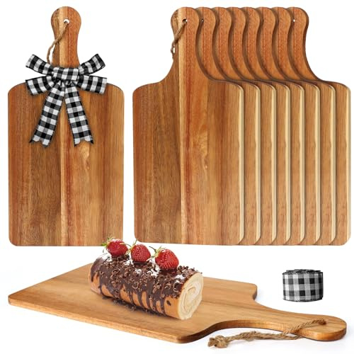 12 Packs Acacia Wood Cutting Board,12 x 6 Inch Plain Chopping Board with Handles Serving Board Wooden Kitchen Cutting Board Bulk with Rope and Plaid Ribbon for Vegetables Meat Pizza Cheese Fruit Bread