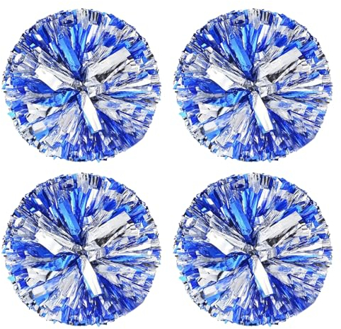 4 Stück Cheerleading Pompoms, Metallisch Cheerleading Pompons Kinder, Cheerleader Pompons Handblumen Metallfolie Cheerleading Pom Poms Tanzpuschel für Spiele Sport Wettbewerb (Blau Silber)