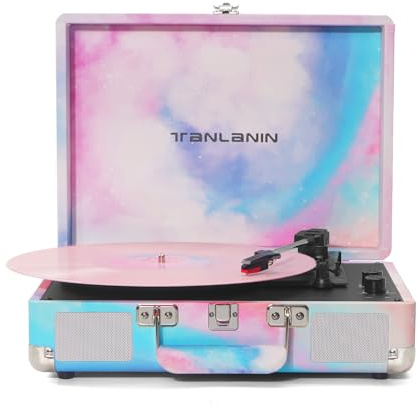 Watercolor Vinyl Record Player with Treble & Bass Control, Vintage 3-Speed Bluetooth Suitcase Portable Turntables with Built-in Speakers, 33 45 78 RPM LP Player Support RCA/AUX/Headphone Jack, Blue