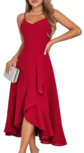 DRESSTELLS Robe de Cocktail Femme Festive Bretelles Hautes Robes de Mariage Rouge Mi-Longues Ourlet à Ruches Robe d'été Dos Nu Curvy Robe de Fête Elégante Red L