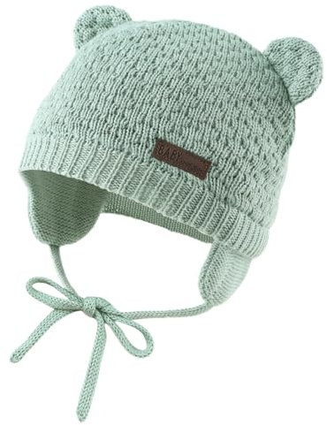 XIAOHAWANG Baby Wintermütze Jungen Mädchen Warmer Strickmützen Weicht Baumwolle-Futter mit Süße Bärenohren Winter Babymütze(Meeresgrün, 0-6 Monate)