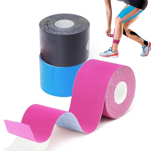 GTAGKOMMEN Tape Kinesiologico 3 Rotolo 5 cm x 5 m Tape Sportivo Kinesio Taping Taping Kinesiologico Impermeabile ed Elastico Nastro Kinesiologico cerotto kinesiologico Nero+Blu+Rosa