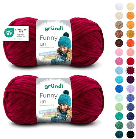 Gründl Wolle Funny uni - weiche Chenille Wolle zum Häkeln - Kuschelig und hautfreundlich - 100% Polyester - 2 Knäuel 100 g / 120 m - Nadelstärke 5-6, Bordeaux