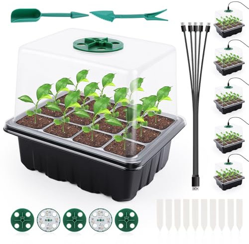 NVIYAM 5 Stück Mini Gewächshaus Anzuchtkasten, 60 Zellen Anzuchtset mit Licht, Zimmergewächshaus Indoor mit Hoher Deckel, Anzuchtbox Gewächshaus für Pflanzen, Kleines Aufzuchtstation Grow Box