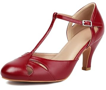 elerhythm Damen Mary Jane Vintage Knöchelriemen Geschlossen Runde Zehe Gatsby Heels Retro 1950er Pumps 1920er Jahre viktorianische Schuhe (Rot EU40)